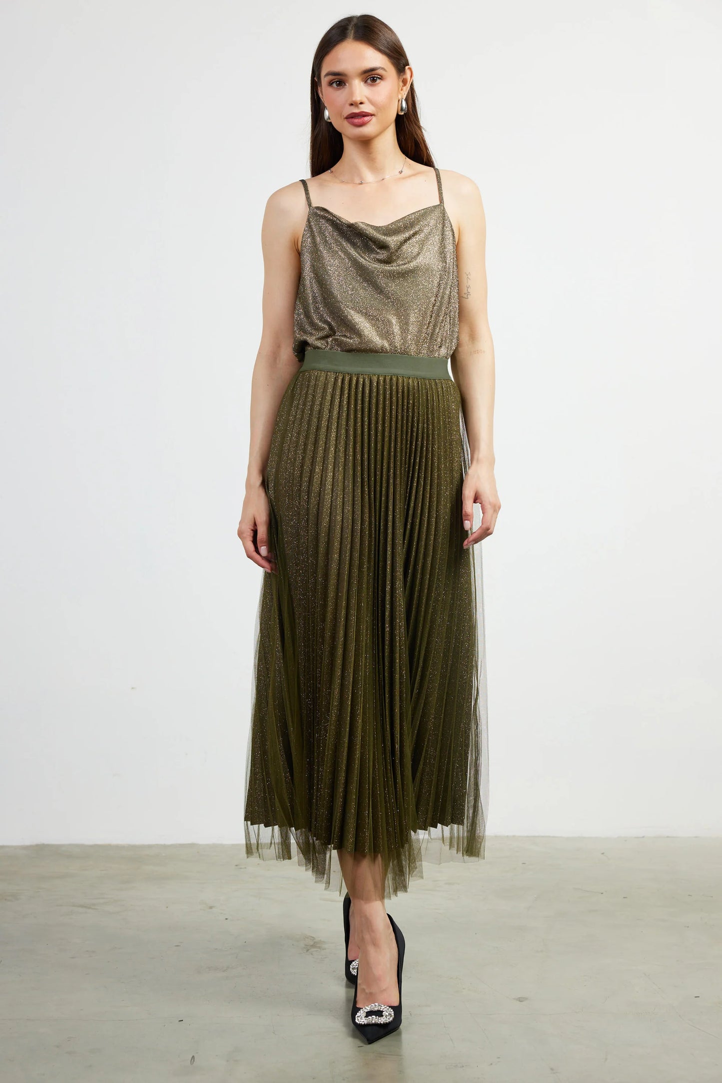 Olive lurex pleaded maxi