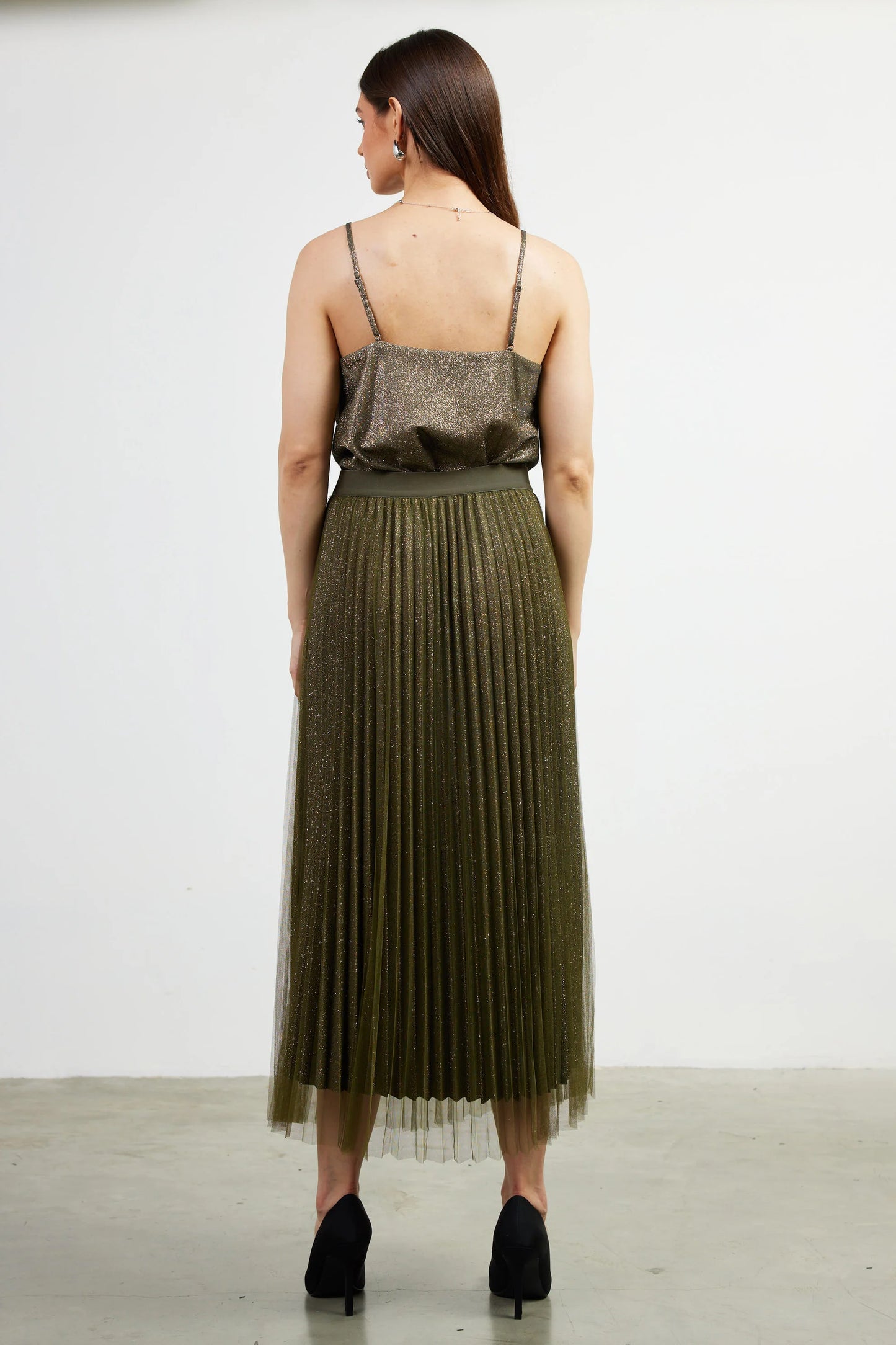 Olive lurex pleaded maxi