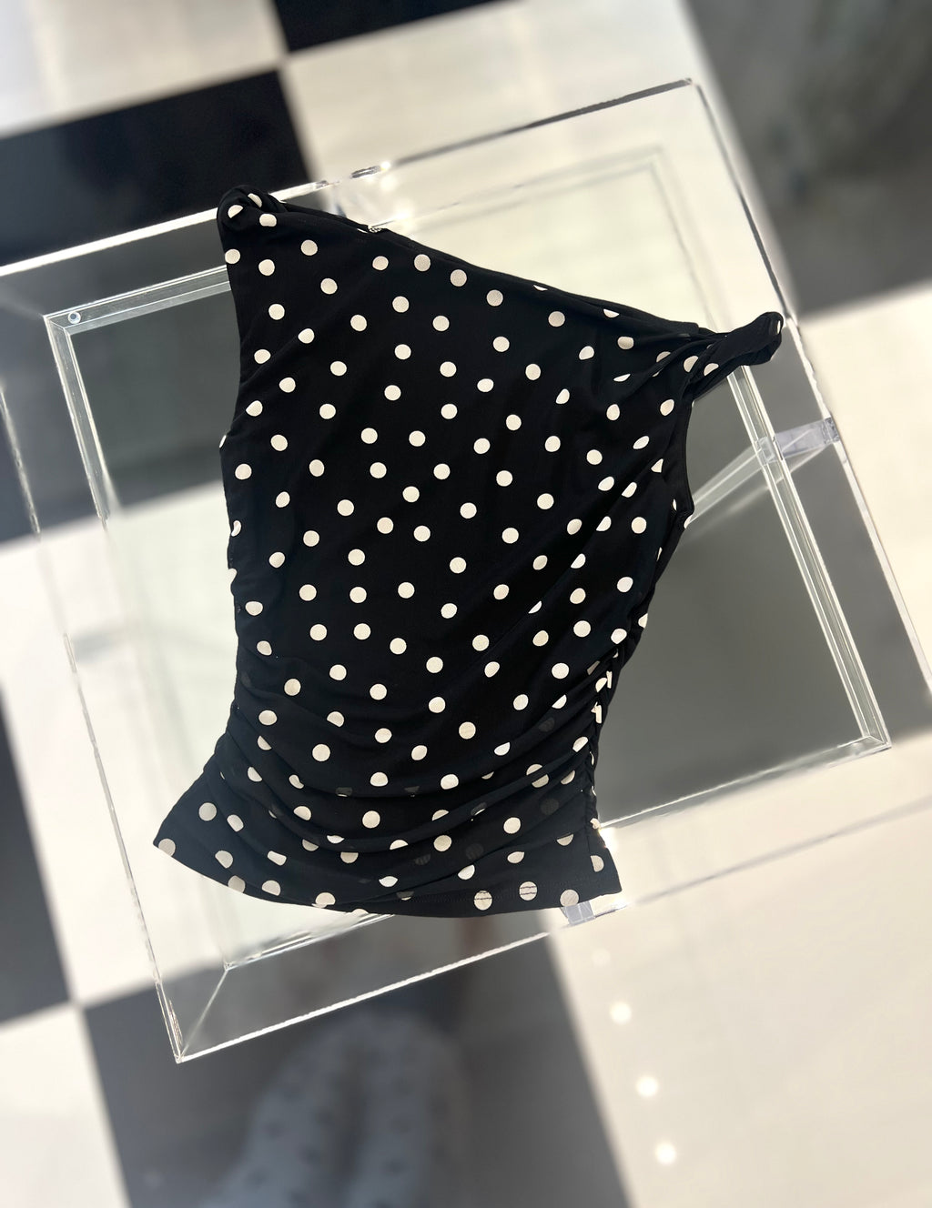 ERICKA POLKA  DOT ASYMMETRICAL TWIST DETAIL MESH KNIT TOP