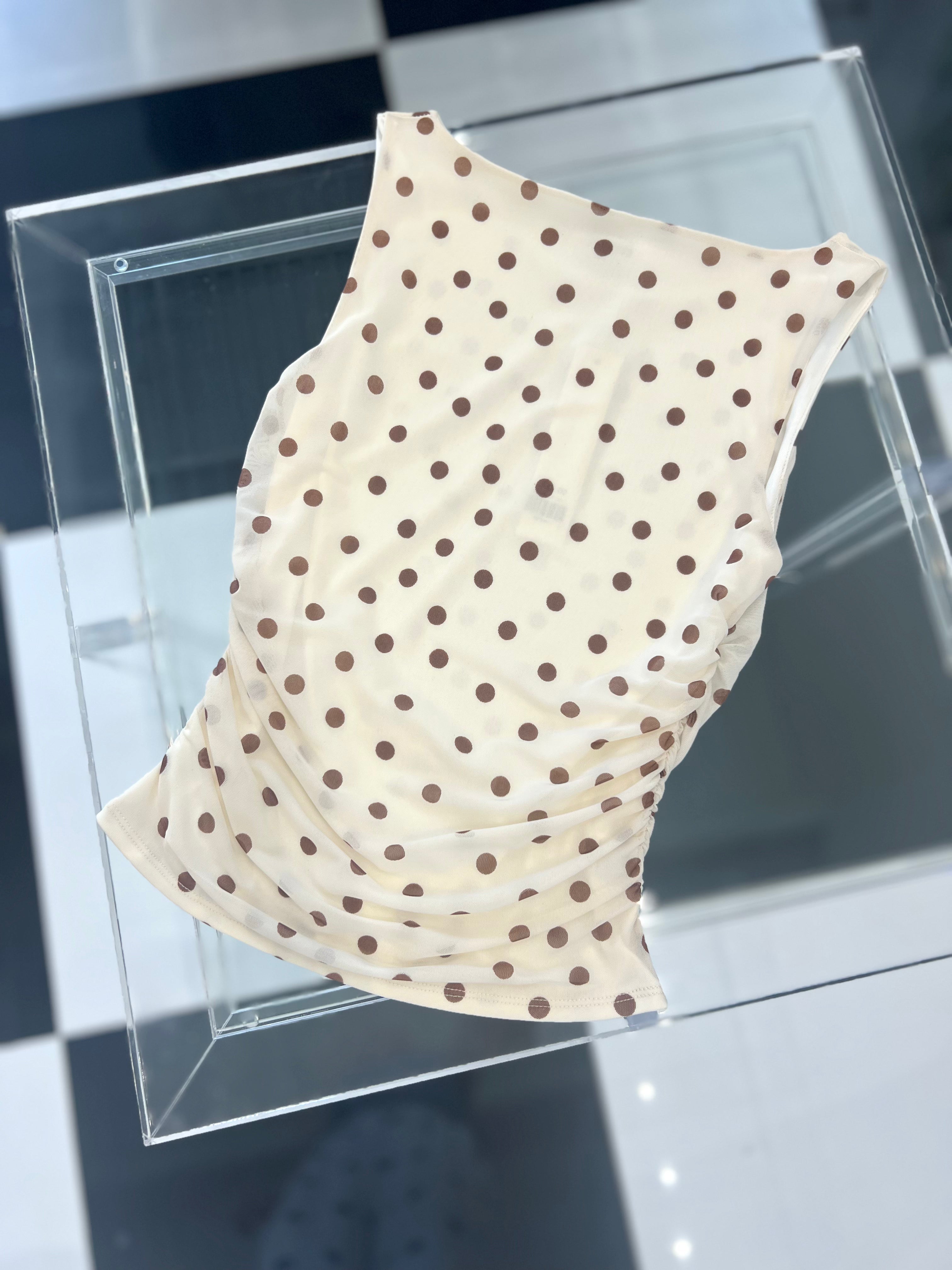 MICHELLE POLKA DOT BOAT NECK SLEEVELESS MESH KNIT TOP