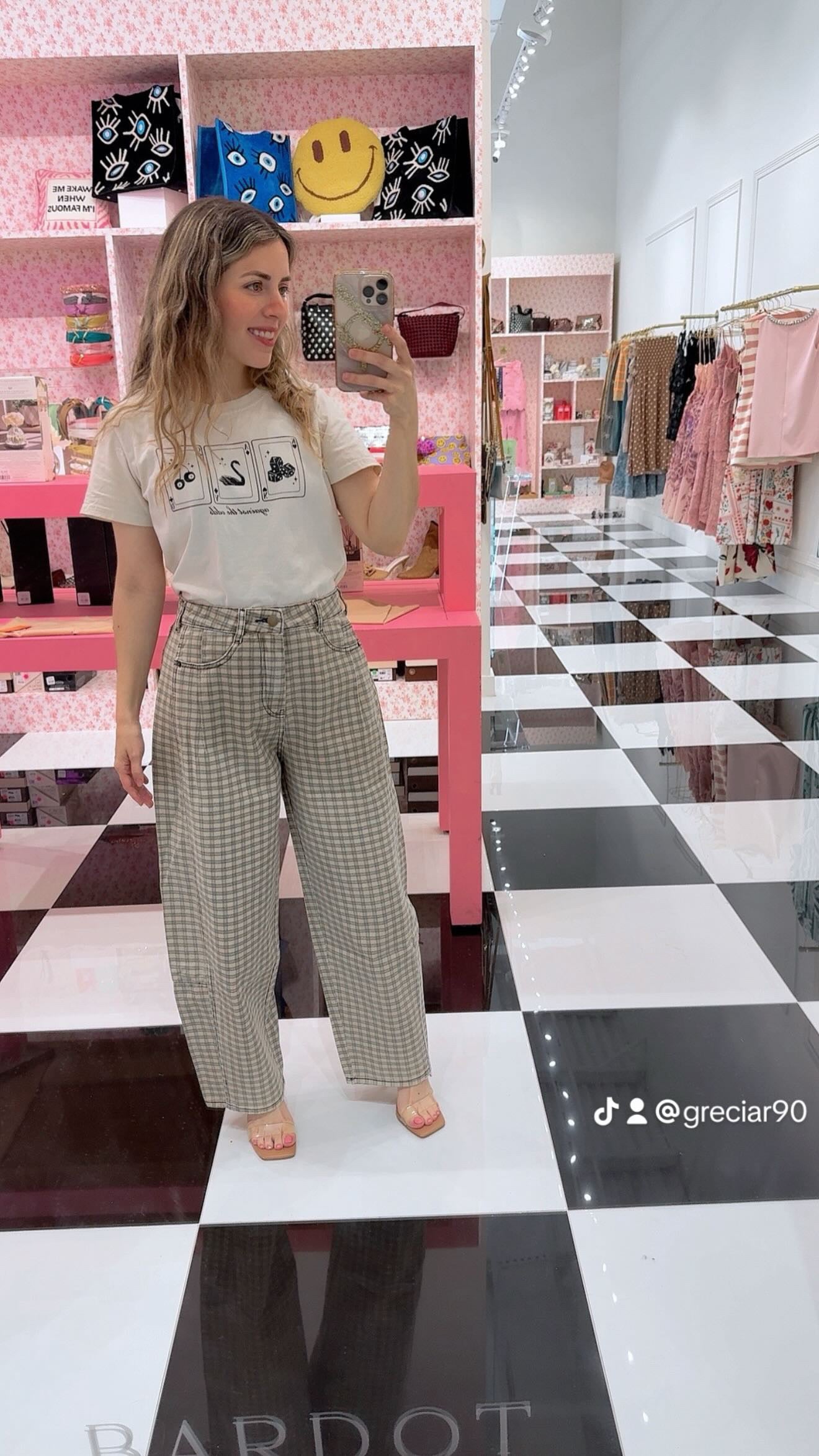 DONNA MINI CHECKER PATTERN BARREL PANTS