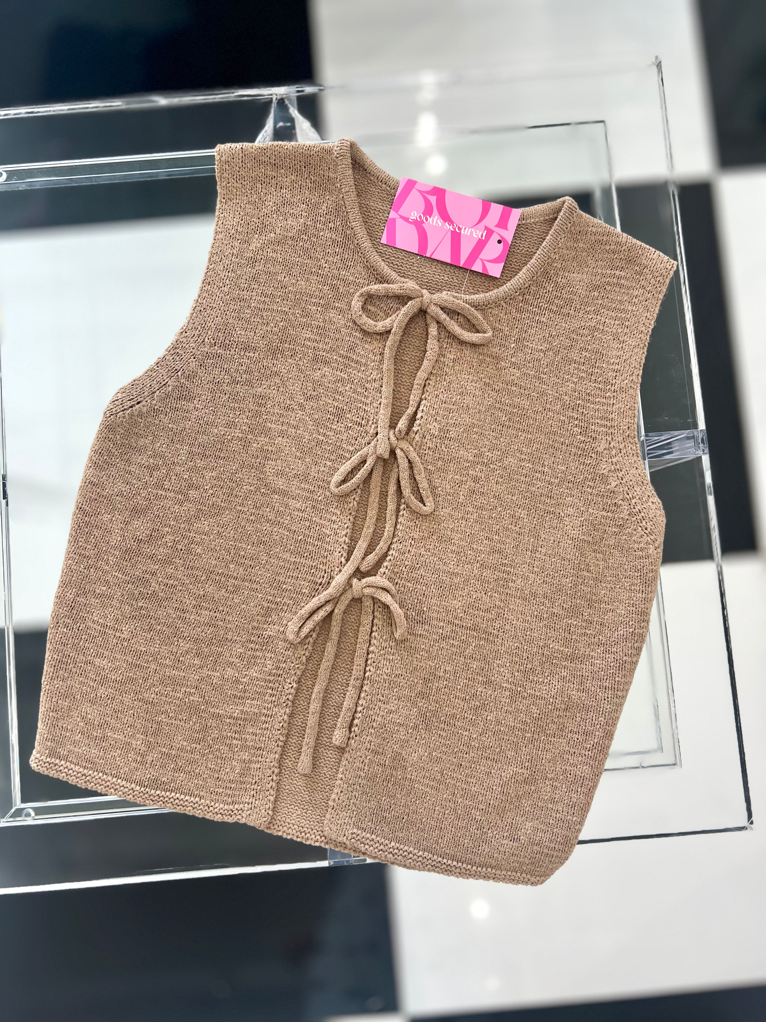 DEBORAH FRONT TIE SLEEVELESS KNIT CARDIGAN