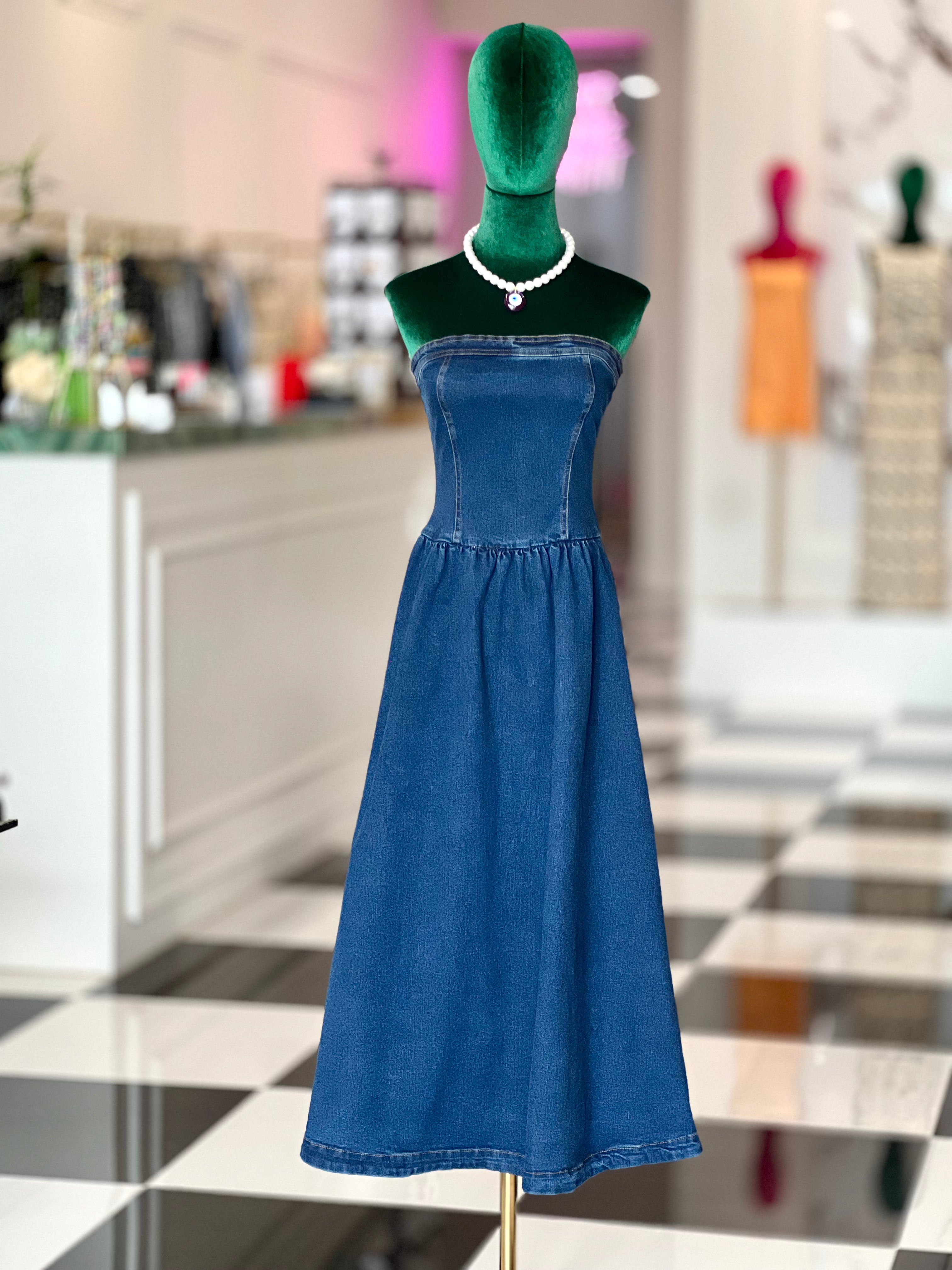 LANEY STRAPLESS  DENIM MIDI DRESS