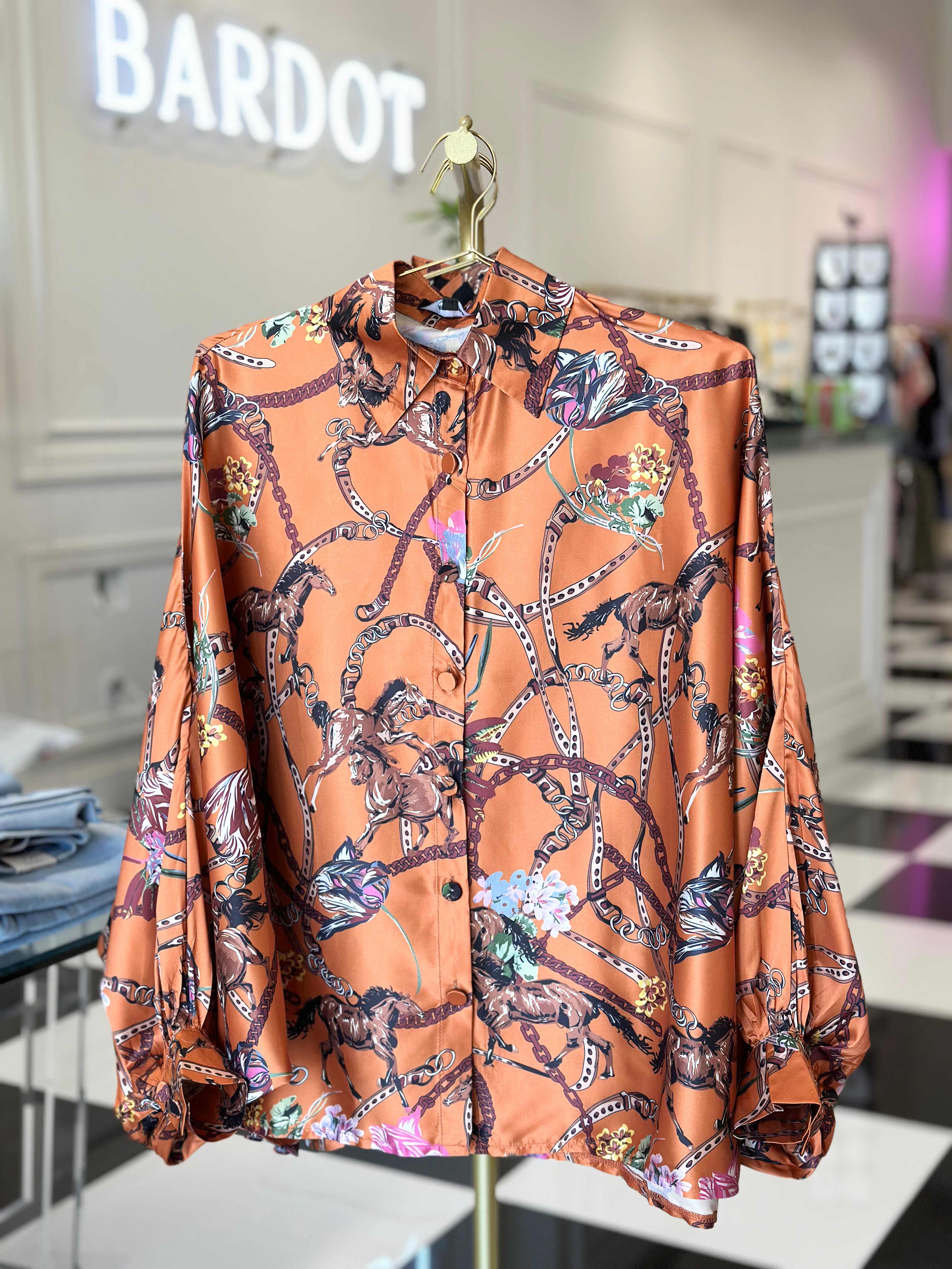 Draped Equestrian Motif Satin Blouse