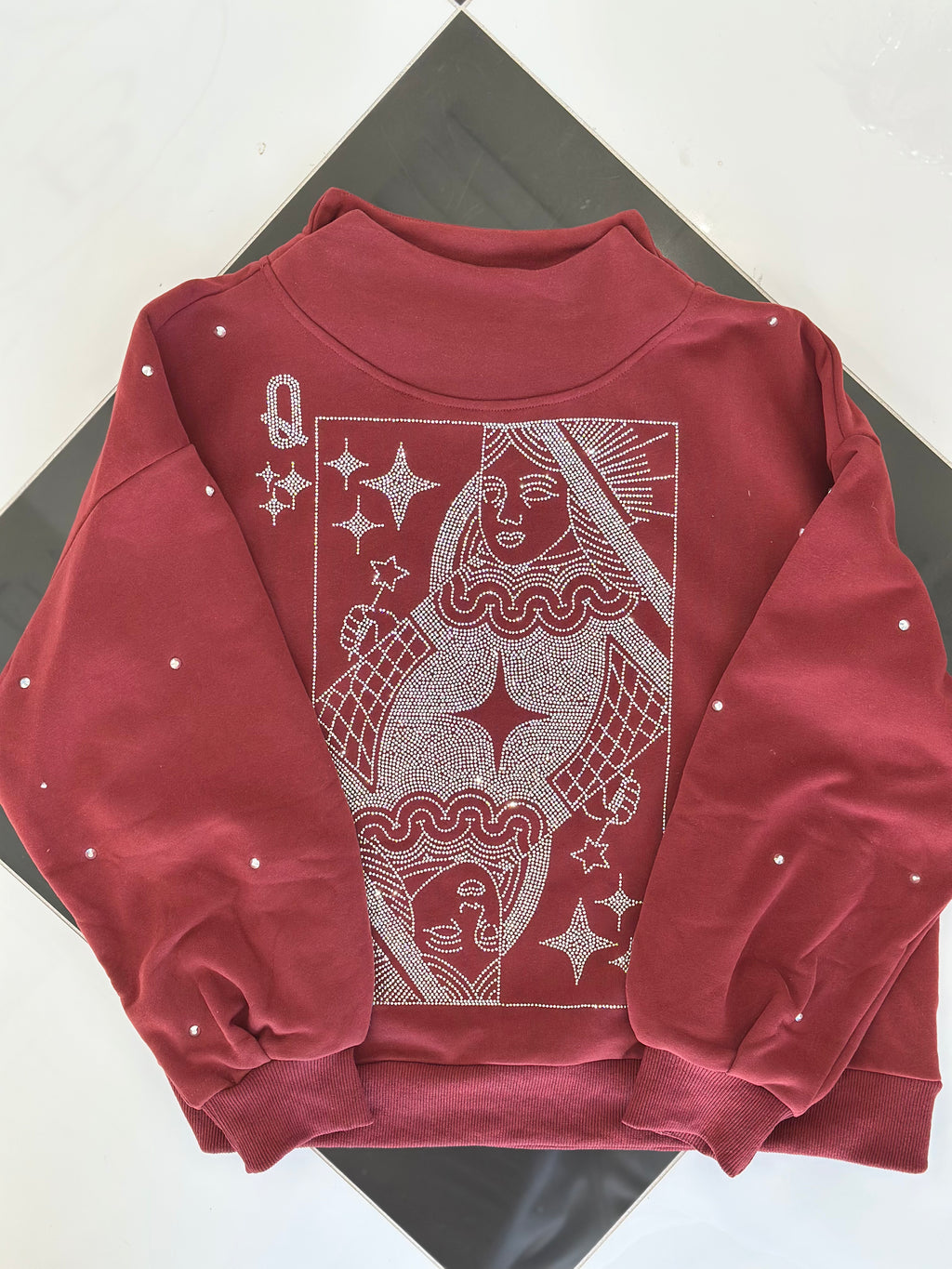 Maroon & Grey Scattered Jewel QOS card logo mock neck sweatshirt