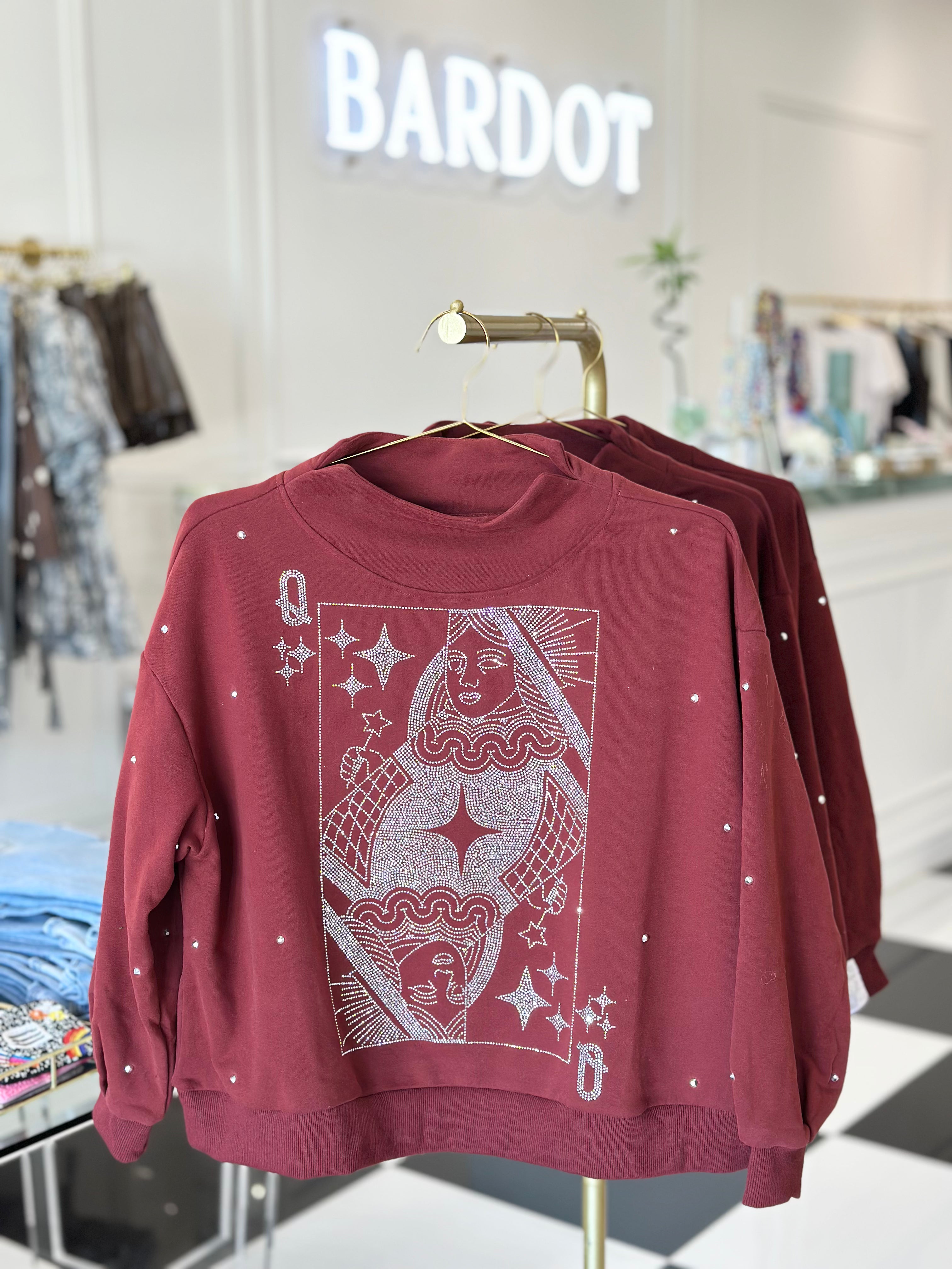 Maroon & Grey Scattered Jewel QOS card logo mock neck sweatshirt
