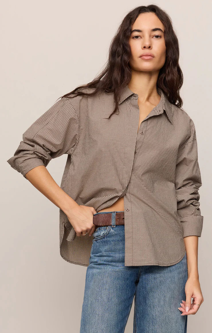 On duty gingham button up top dark chocolate