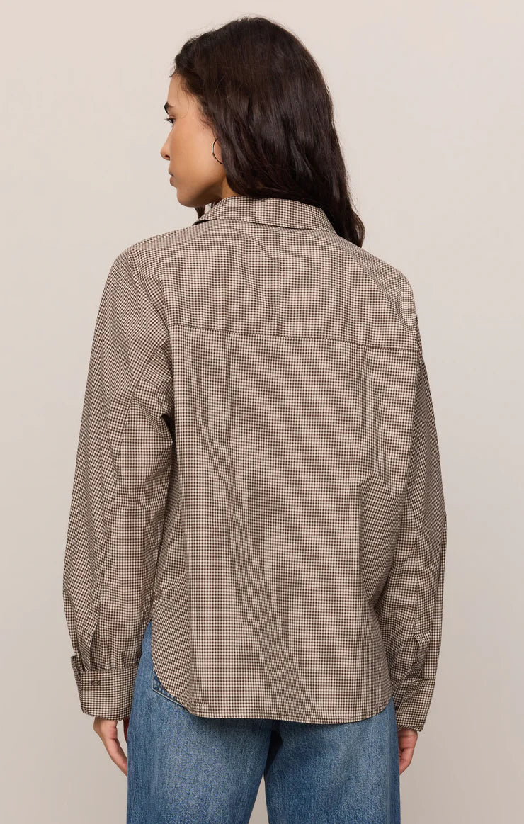 On duty gingham button up top dark chocolate