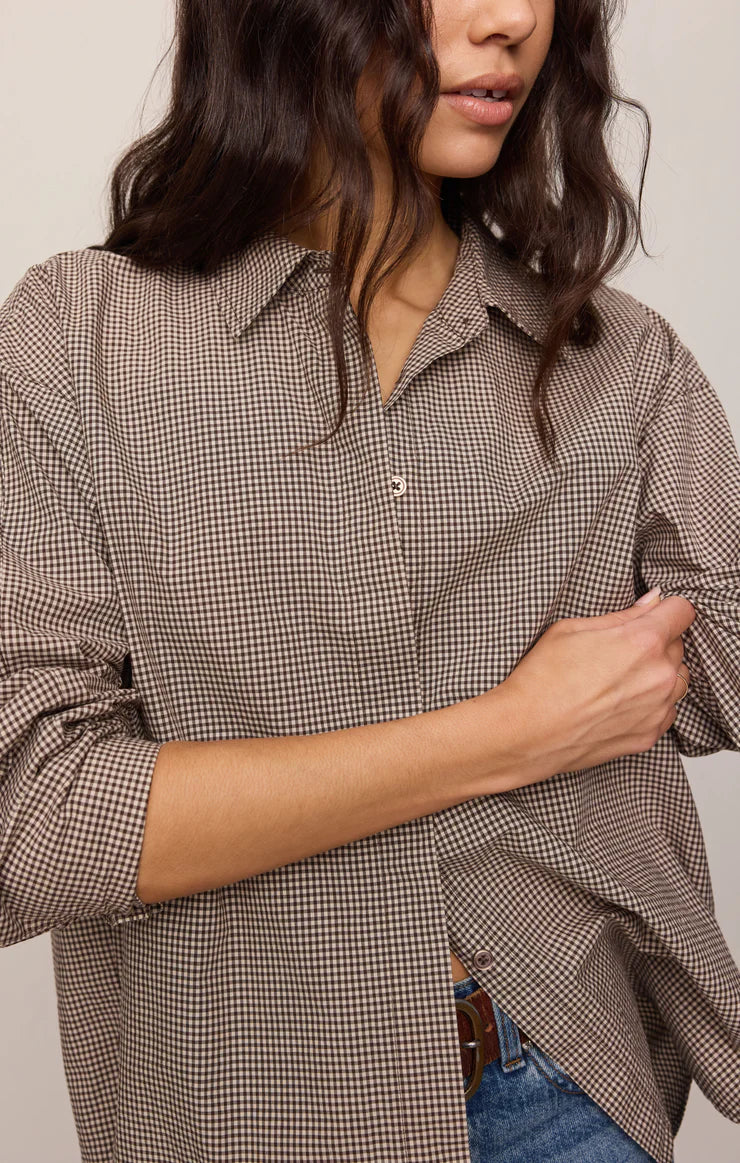On duty gingham button up top dark chocolate