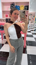 COLOR BLOCK GOLD DOME HARDWARE HALTER KNIT TOP