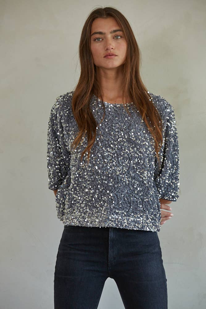 Sequin Velvet Round Neck Short Sleeve Top - FINAL SALE