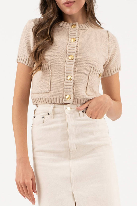 GOLD BUTTON SHORT SLEEVE KNIT CROPPED CARDIGAN