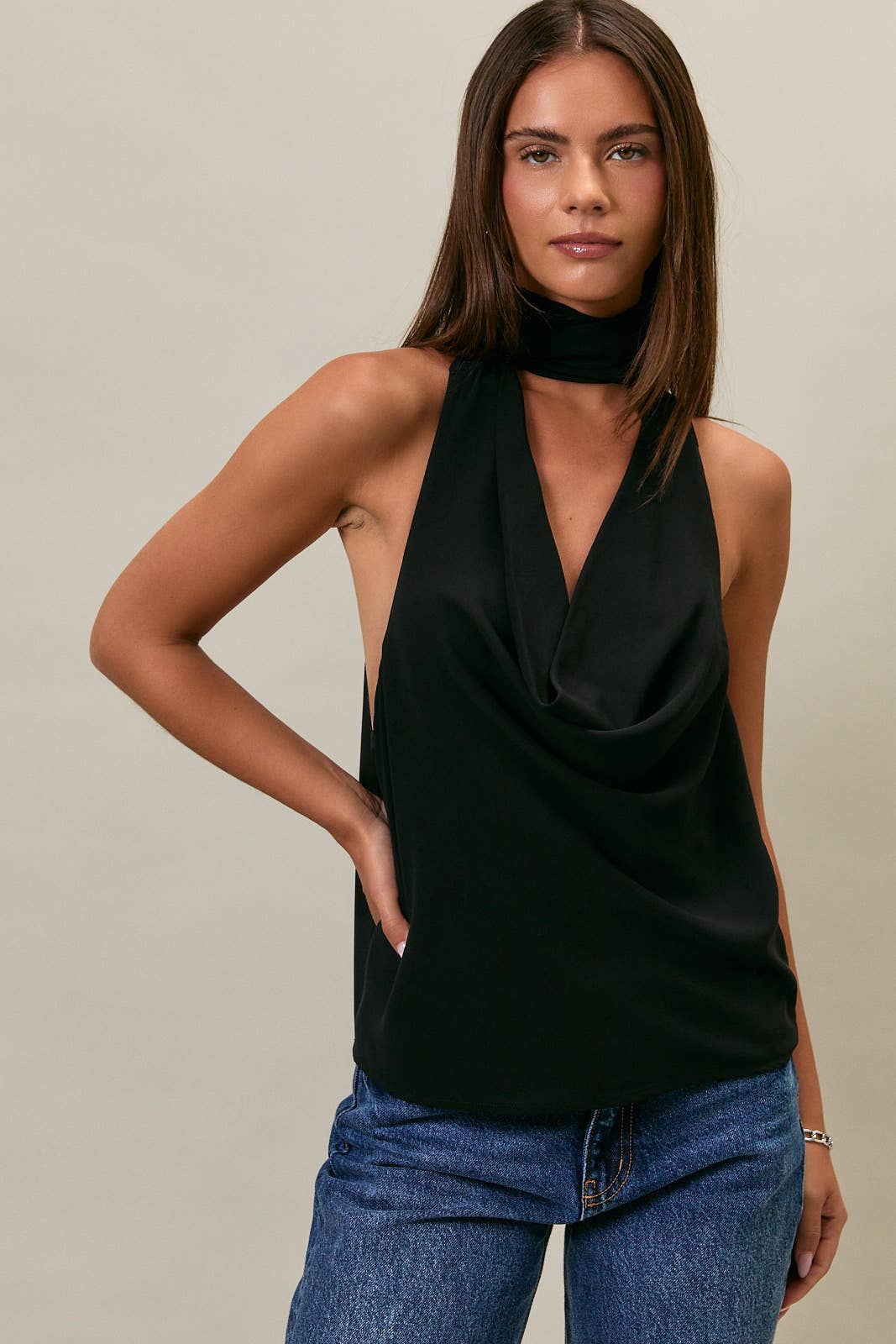 CRISTY COWL NECK TOP WITH ATTACHED SCARF