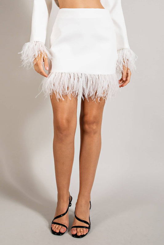 MINI SKIRT W/ FEATHER TRIM & HIDDEN BACK ZIPPER CLOSU