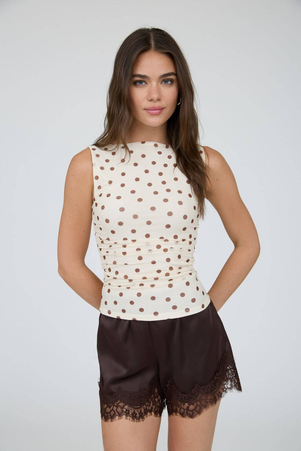 POLKA DOT BOAT NECK SLEEVELESS MESH KNIT TOP (PRE-ORDER)