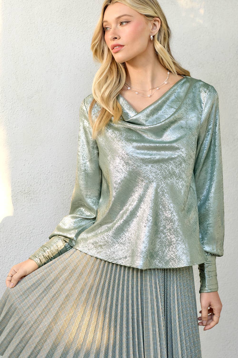 Metallic Cowl Neck Blouse