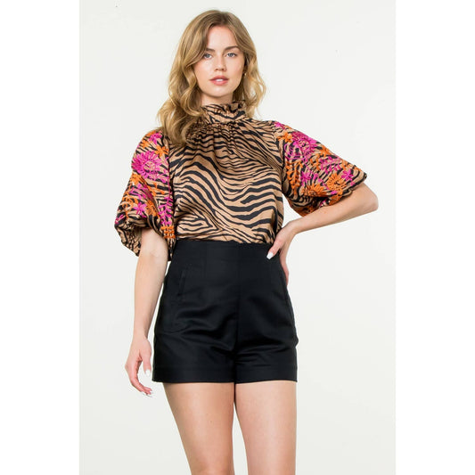 Embroidered Puff Sleeve Print Top FINAL SALE