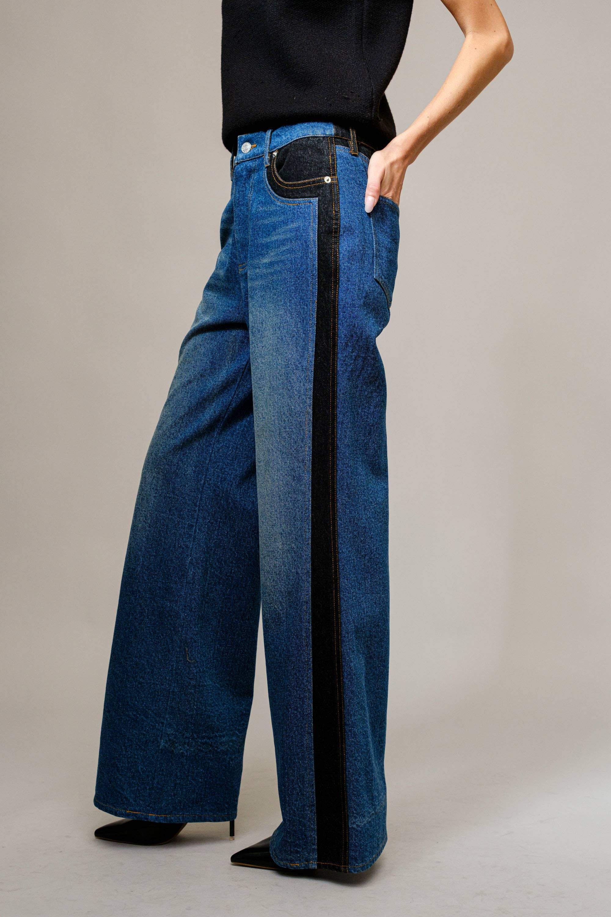 Casey Western Two Tone Panel Wide Denim Jeans