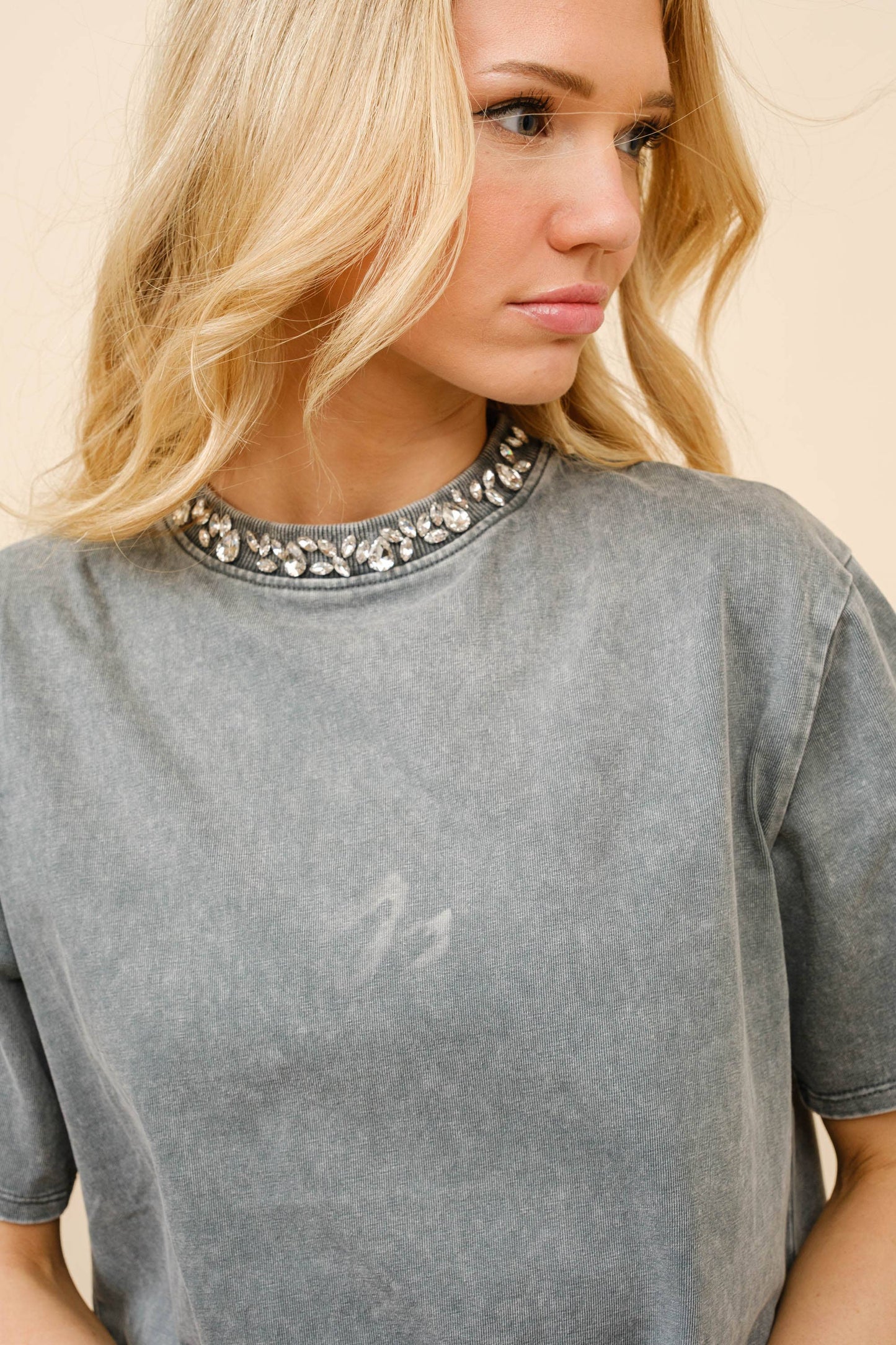 Rhinestone Embellished Neck T-Shirt