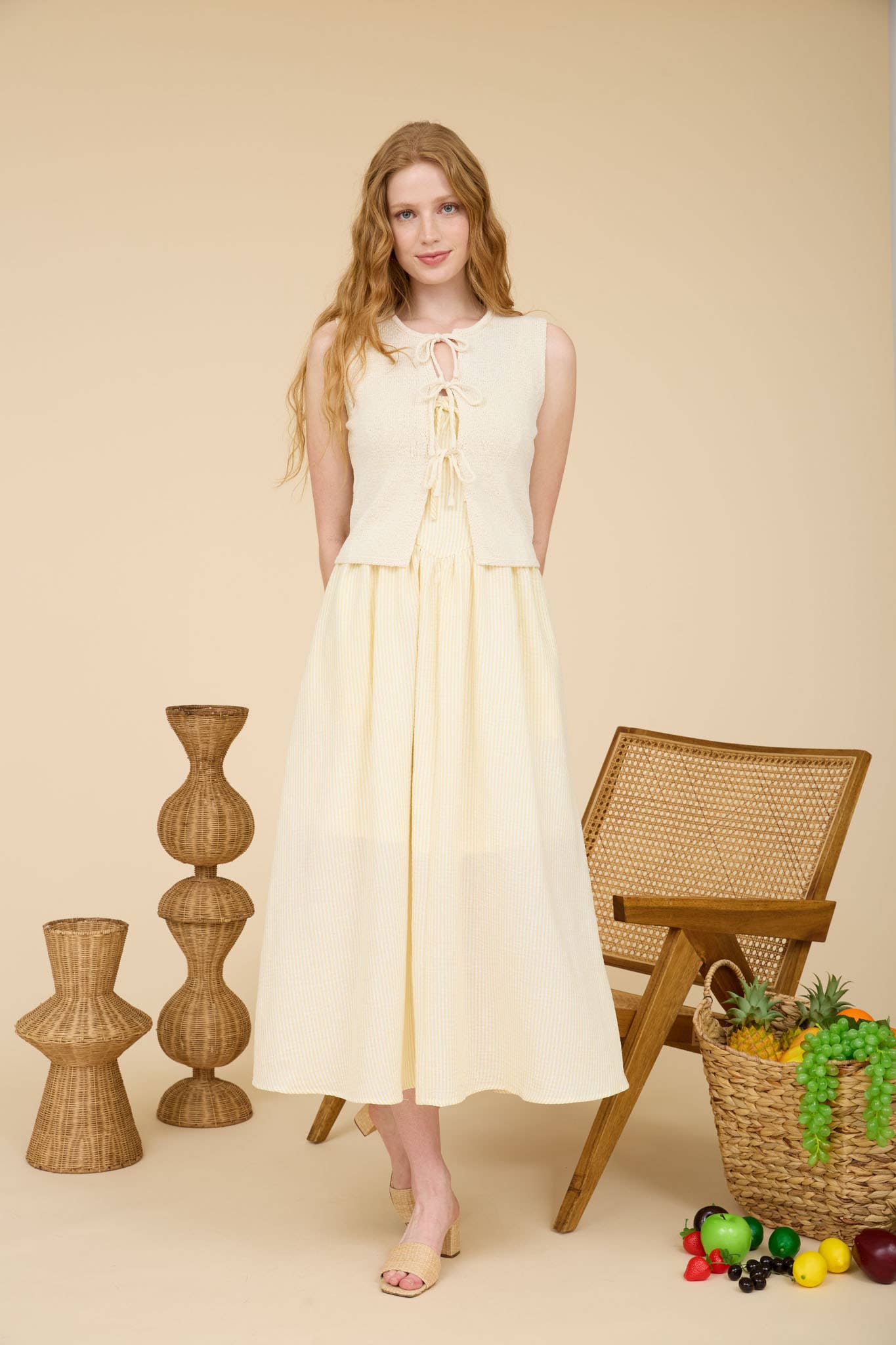RAW EDGE FRONT TIE SLEEVELESS KNIT CARDIGAN