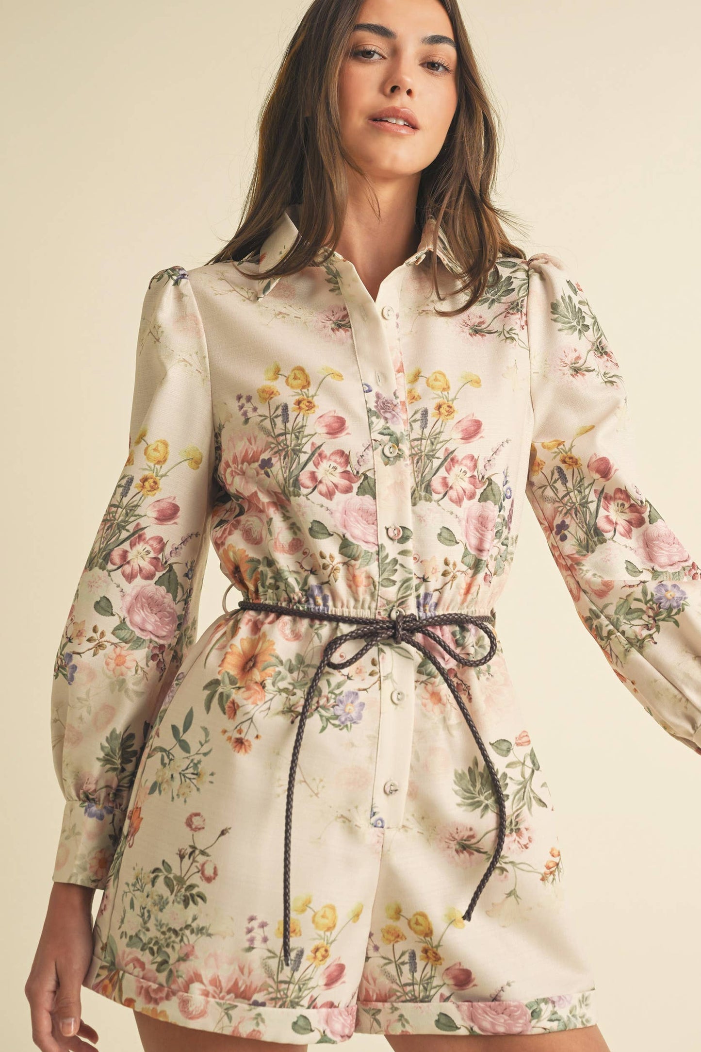 Faux leather belted Floral Playsuit.