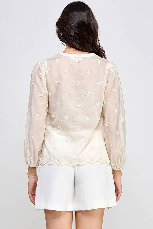 LONG SLEEVE BUTTONED TOP WITH TINY RIBBON EMBRO DETAILS