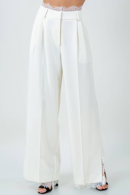 CONTRAST LACE TRIMMED DETAILED STRAIGHT LEG TROUSERS - ivory