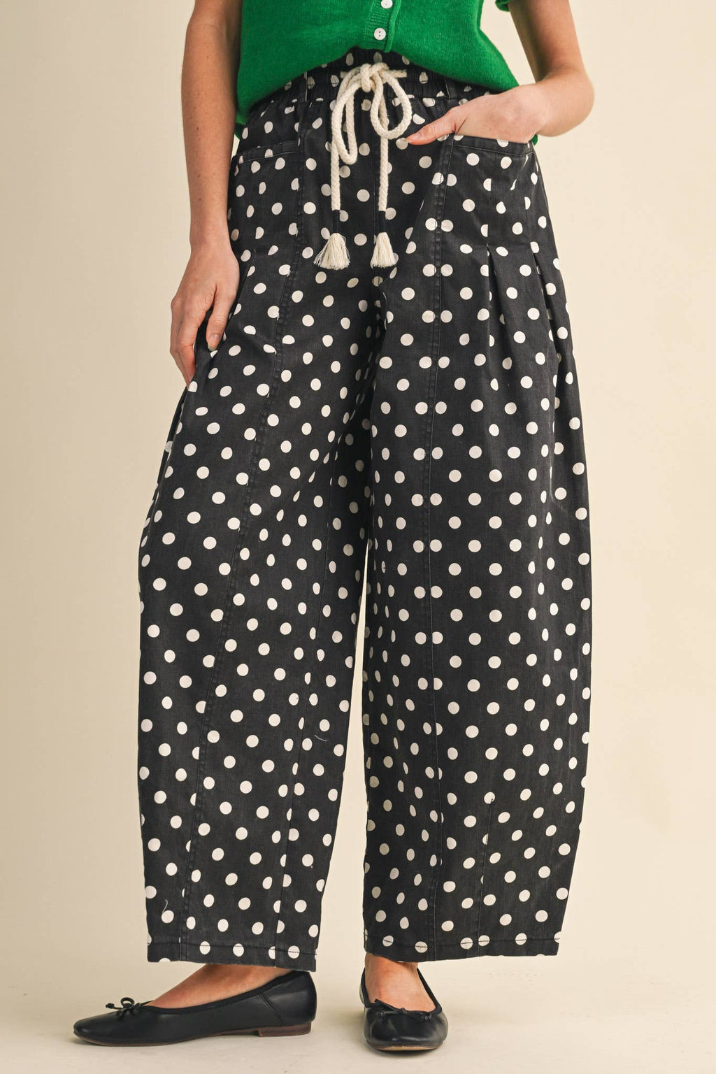 ALLEGRA POLKA DOT PLEATED BARREL PANTS