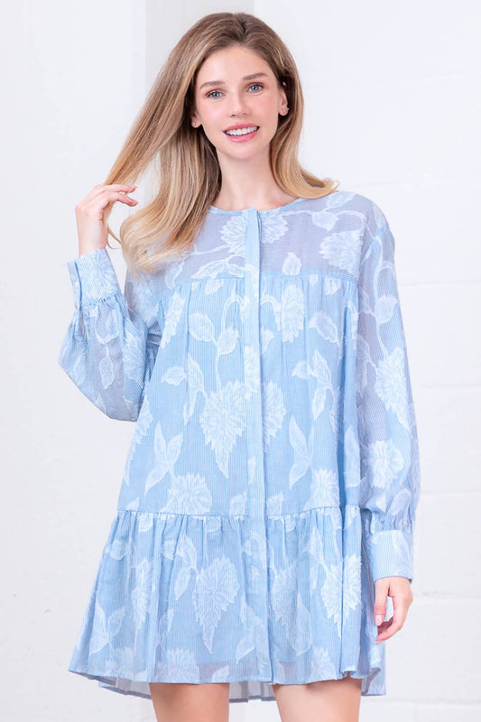 LONG SLV BUTTON DOWN RUFFLE HEM STRIPE MINI DRESS
