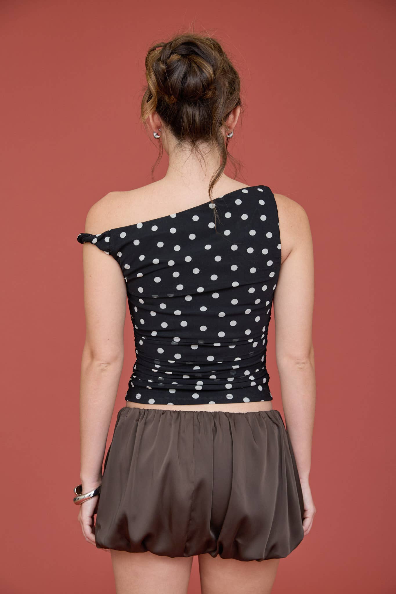 POLKA DOT ASYMMETRICAL TWIST DETAIL MESH KNIT TOP