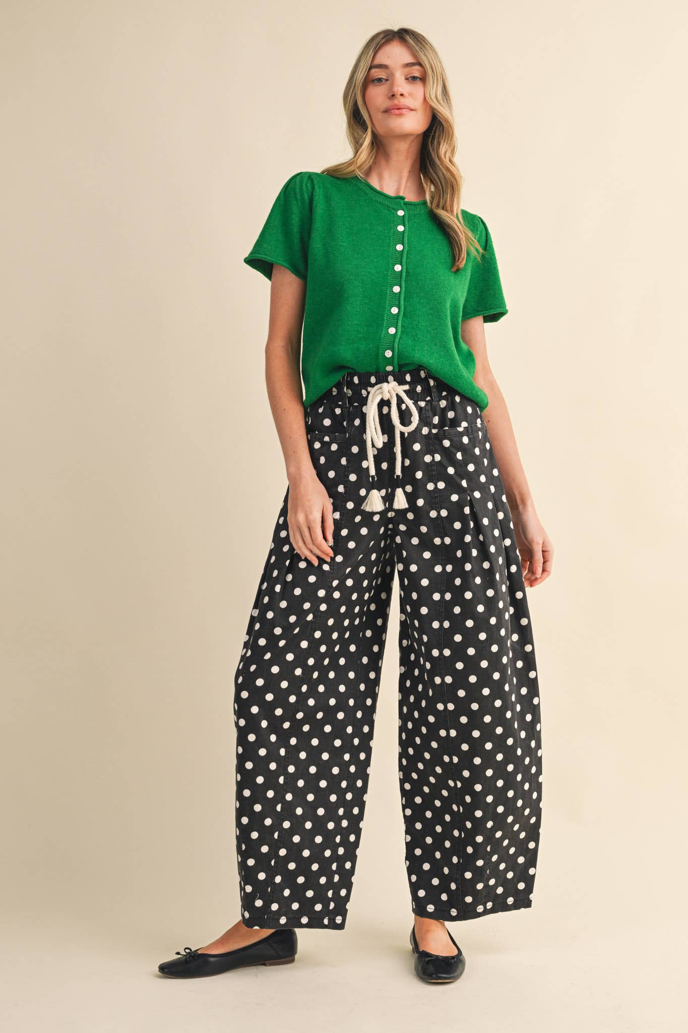 ALLEGRA POLKA DOT PLEATED BARREL PANTS